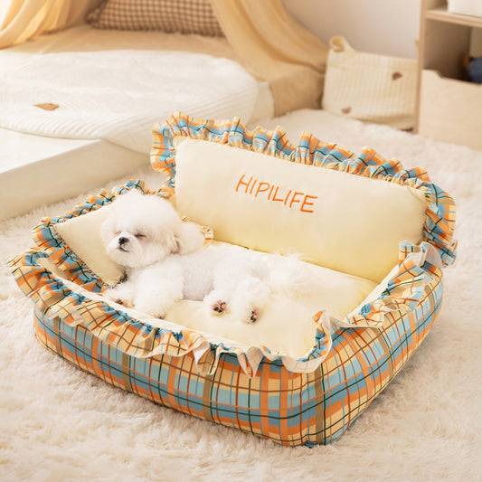 Pet Couch Bed - Removable Washable Cover, Pillow Included, Cute Lounge for Cats & Dogs with Floral Print & Ruffle Details