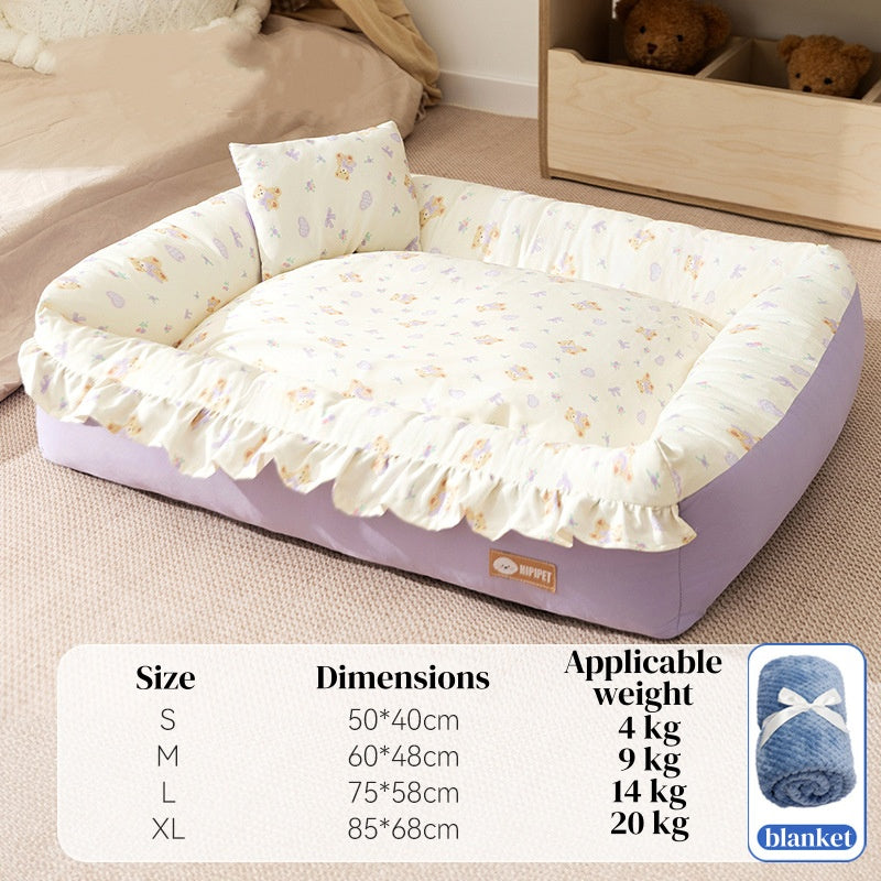 Pet Couch Bed - Removable Washable Cover, Pillow Included, Cute Lounge for Cats & Dogs with Floral Print & Ruffle Details
