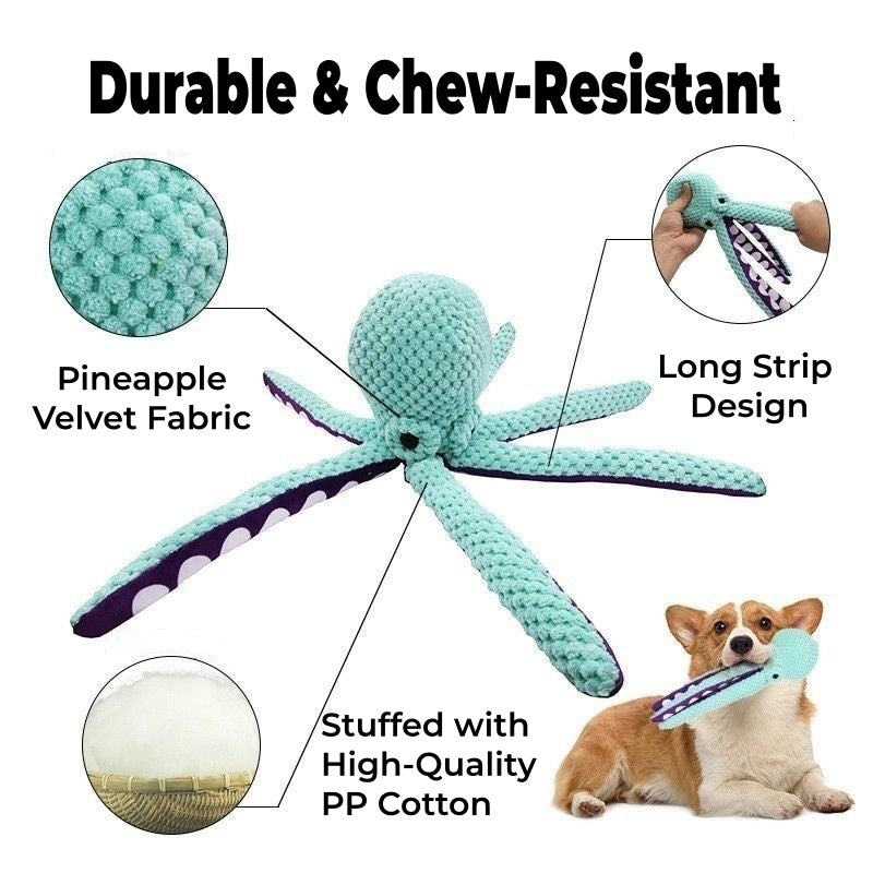 Squeaky Dog Toy - 13x3.4" Plush Stuffed, Octopus  Interactive Soft Puppy Toy