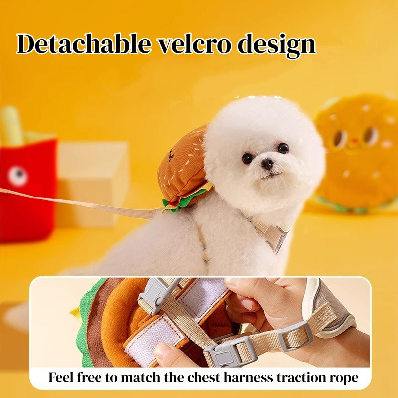 Dog Backpack Harness - Cute Detachable Hamburger Fries, Adjustable with Leash for Small Dogs