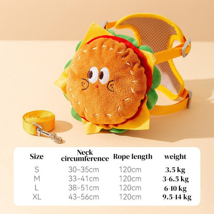 Dog Backpack Harness - Cute Detachable Hamburger Fries, Adjustable with Leash for Small Dogs