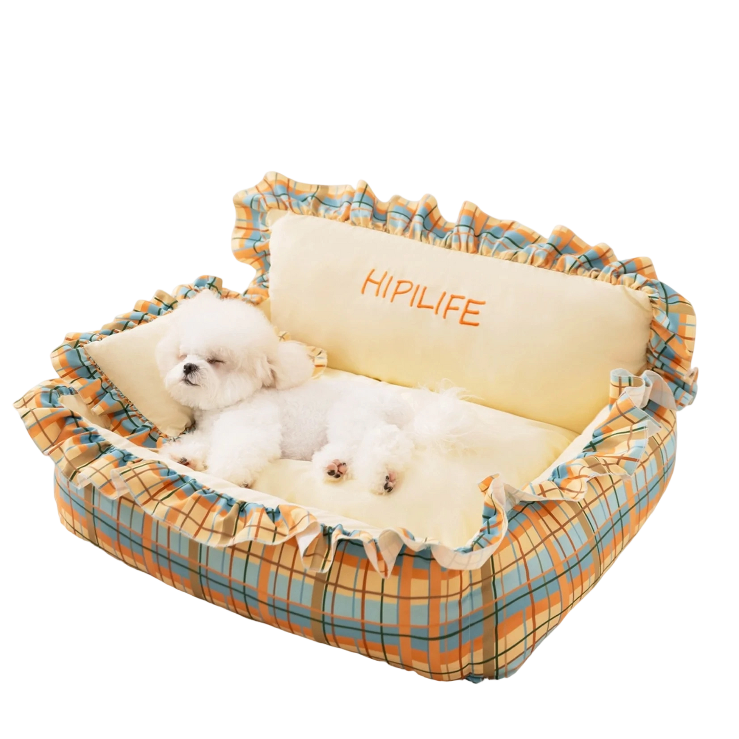 Pet Couch Bed - Removable Washable Cover, Pillow Included, Cute Lounge for Cats & Dogs with Floral Print & Ruffle Details