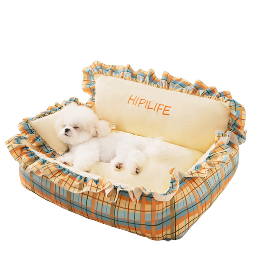 Pet Couch Bed - Removable Washable Cover, Pillow Included, Cute Lounge for Cats & Dogs with Floral Print & Ruffle Details