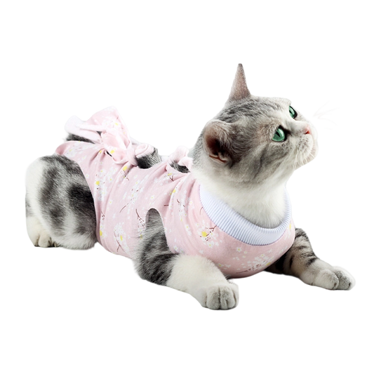 Tie-Closure Cat Recovery Suit - Breathable Elastic Anti-Lick Onesie for Spay, Weaning & Post-Surgery