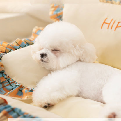 Pet Couch Bed - Removable Washable Cover, Pillow Included, Cute Lounge for Cats & Dogs with Floral Print & Ruffle Details