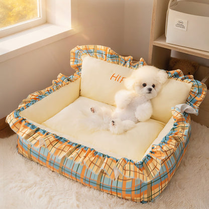 Pet Couch Bed - Removable Washable Cover, Pillow Included, Cute Lounge for Cats & Dogs with Floral Print & Ruffle Details