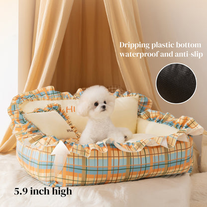 Pet Couch Bed - Removable Washable Cover, Pillow Included, Cute Lounge for Cats & Dogs with Floral Print & Ruffle Details