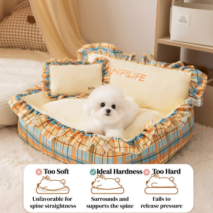 Pet Couch Bed - Removable Washable Cover, Pillow Included, Cute Lounge for Cats & Dogs with Floral Print & Ruffle Details