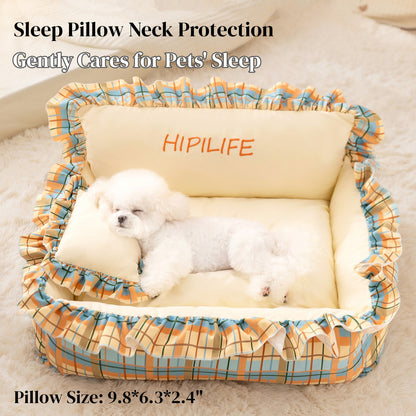 Pet Couch Bed - Removable Washable Cover, Pillow Included, Cute Lounge for Cats & Dogs with Floral Print & Ruffle Details