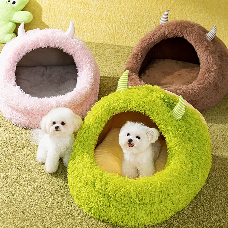 Cozy Pet Nest - Warm Semienclosed Plush Bed, S/M/L/XL/XXL with Detachable Mat for Cats & Dogs