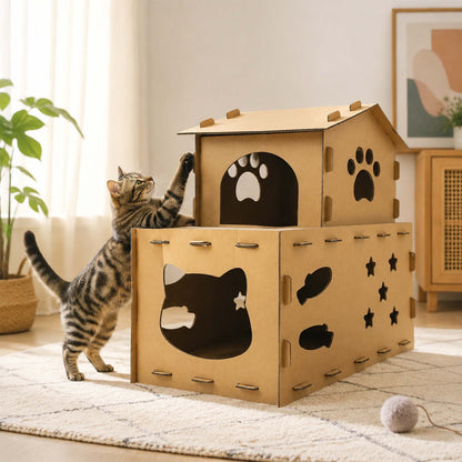 Miaow & Meow | Two-Story Cardboard Cat House, Large Double Room Cat Villa | Corrugated Cat Scratcher House | Play & Rest Integrated Cat Hideaway Cave for Indoor Cats