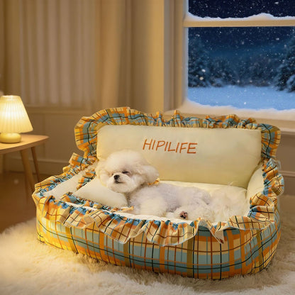 Pet Couch Bed - Removable Washable Cover, Pillow Included, Cute Lounge for Cats & Dogs with Floral Print & Ruffle Details
