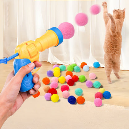 Cat Plush Ball Launcher Gun - Self-Play Interactive Cat Toy, Fuzzy Ball Fetch Toy for Indoor Cats