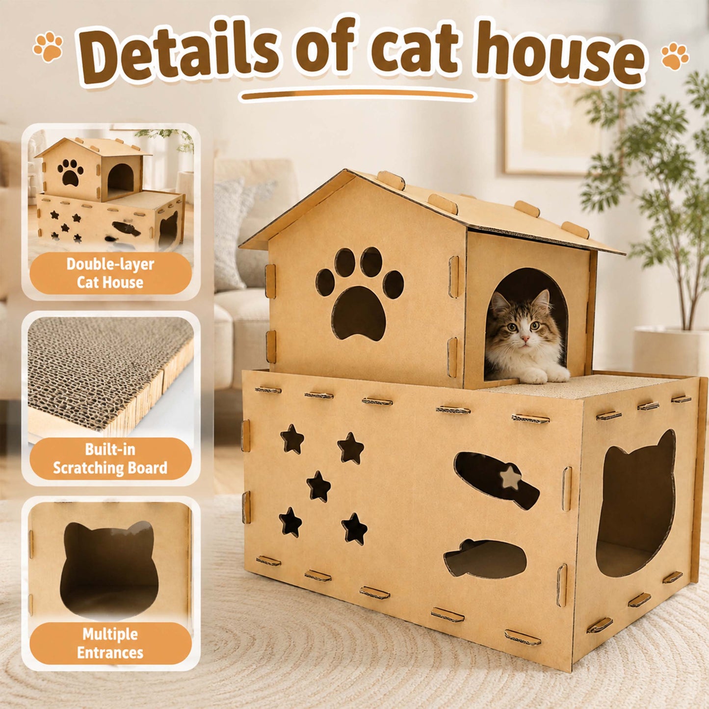 Miaow & Meow | Two-Story Cardboard Cat House, Large Double Room Cat Villa | Corrugated Cat Scratcher House | Play & Rest Integrated Cat Hideaway Cave for Indoor Cats