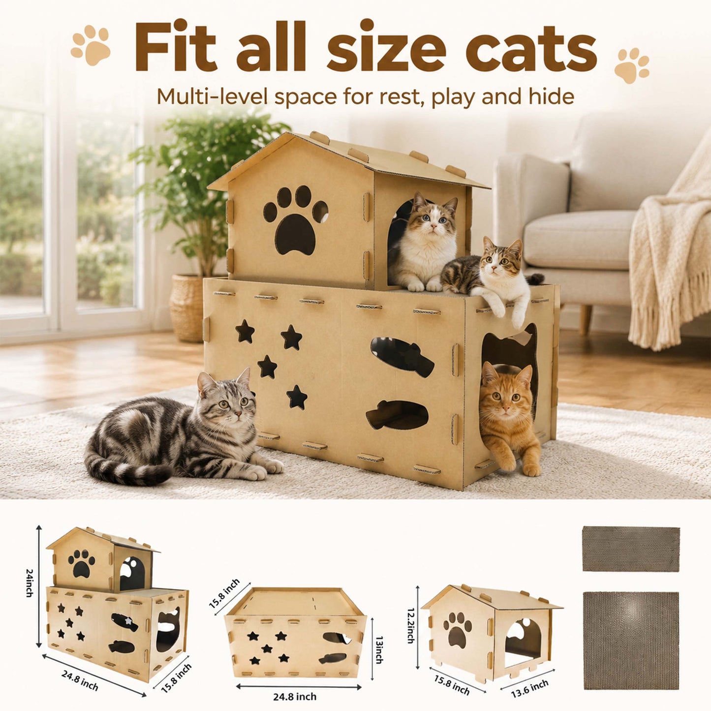 Miaow & Meow | Two-Story Cardboard Cat House, Large Double Room Cat Villa | Corrugated Cat Scratcher House | Play & Rest Integrated Cat Hideaway Cave for Indoor Cats