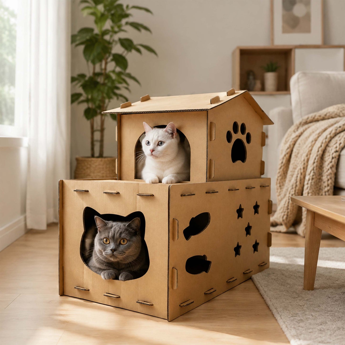Miaow & Meow | Two-Story Cardboard Cat House, Large Double Room Cat Villa | Corrugated Cat Scratcher House | Play & Rest Integrated Cat Hideaway Cave for Indoor Cats
