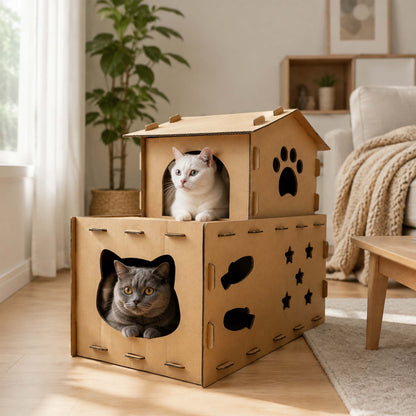 Miaow & Meow | Two-Story Cardboard Cat House, Large Double Room Cat Villa | Corrugated Cat Scratcher House | Play & Rest Integrated Cat Hideaway Cave for Indoor Cats