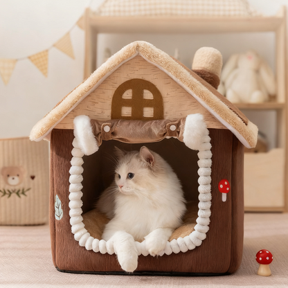 Winter Warm Cat House - Enclosed with Door Curtain, Cozy Pet House for Indoor Cats Small Dogs