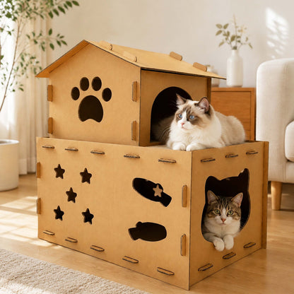Miaow & Meow | Two-Story Cardboard Cat House, Large Double Room Cat Villa | Corrugated Cat Scratcher House | Play & Rest Integrated Cat Hideaway Cave for Indoor Cats