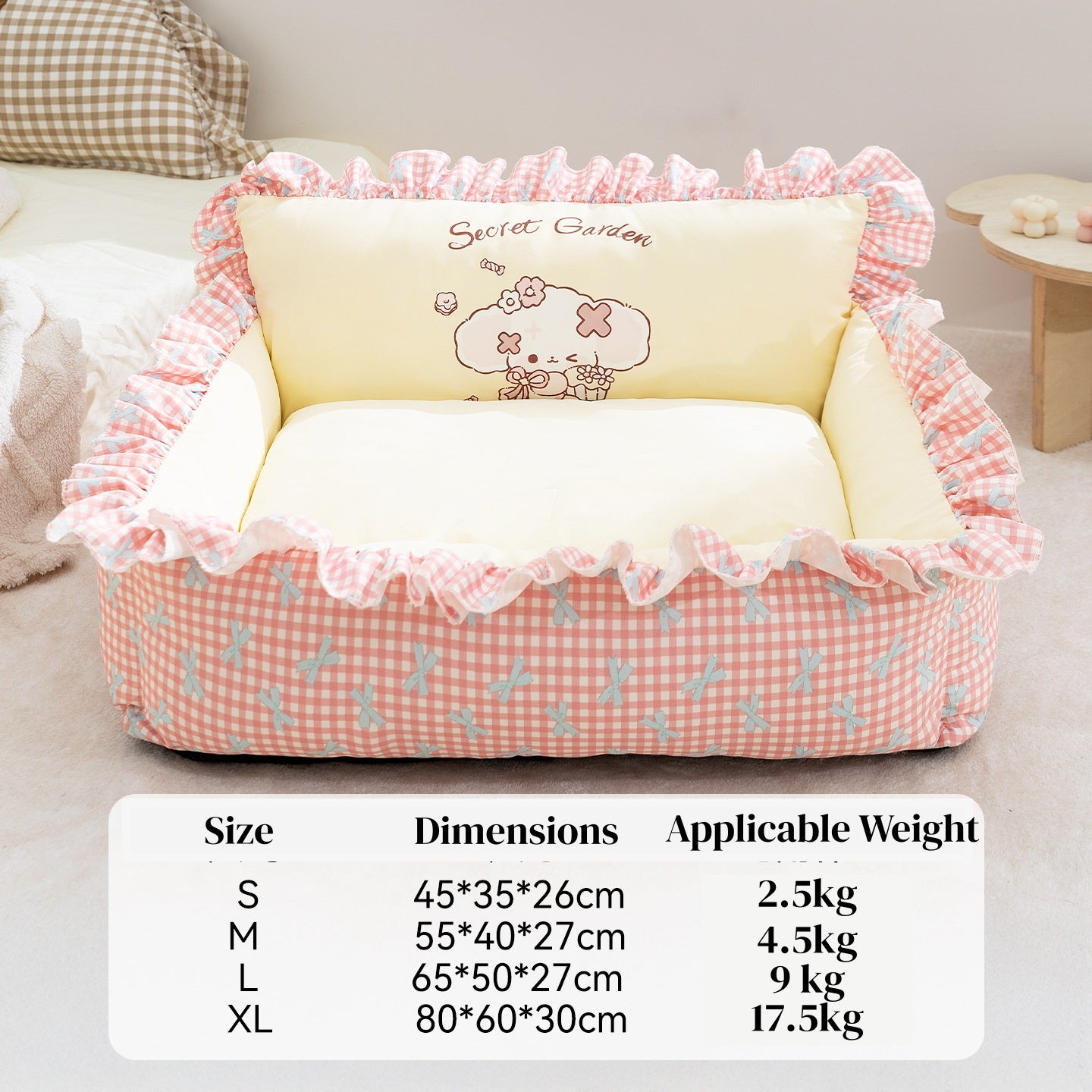 Pet Couch Bed - Removable Washable Cover, Pillow Included, Cute Lounge for Cats & Dogs with Floral Print & Ruffle Details