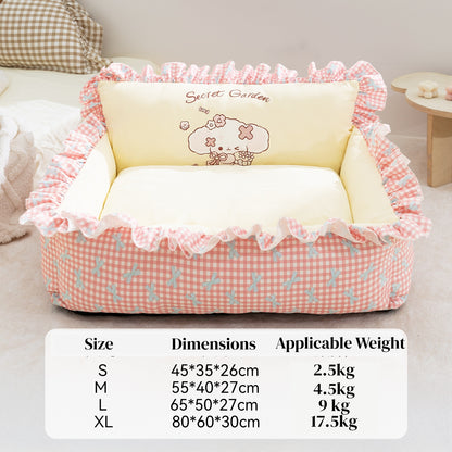 Pet Couch Bed - Removable Washable Cover, Pillow Included, Cute Lounge for Cats & Dogs with Floral Print & Ruffle Details