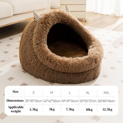 Cozy Pet Nest - Warm Semienclosed Plush Bed, S/M/L/XL/XXL with Detachable Mat for Cats & Dogs