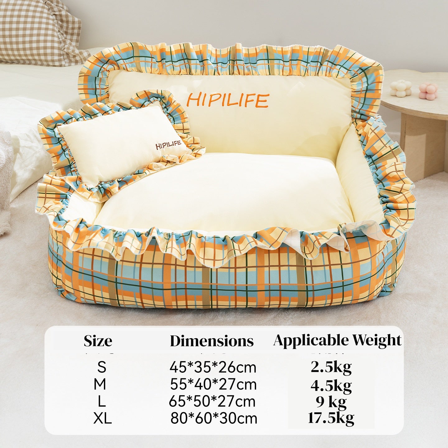 Pet Couch Bed - Removable Washable Cover, Pillow Included, Cute Lounge for Cats & Dogs with Floral Print & Ruffle Details