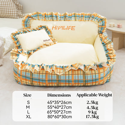 Pet Couch Bed - Removable Washable Cover, Pillow Included, Cute Lounge for Cats & Dogs with Floral Print & Ruffle Details