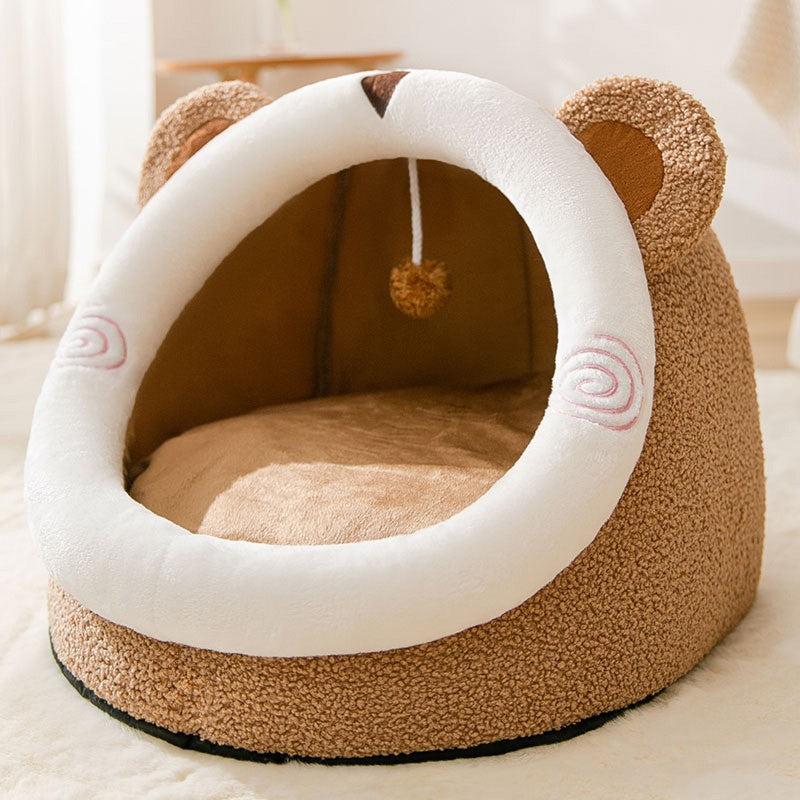 Cozy Pet Nest - Warm Semienclosed Plush Bed, S/M/L/XL/XXL with Detachable Mat for Cats & Dogs