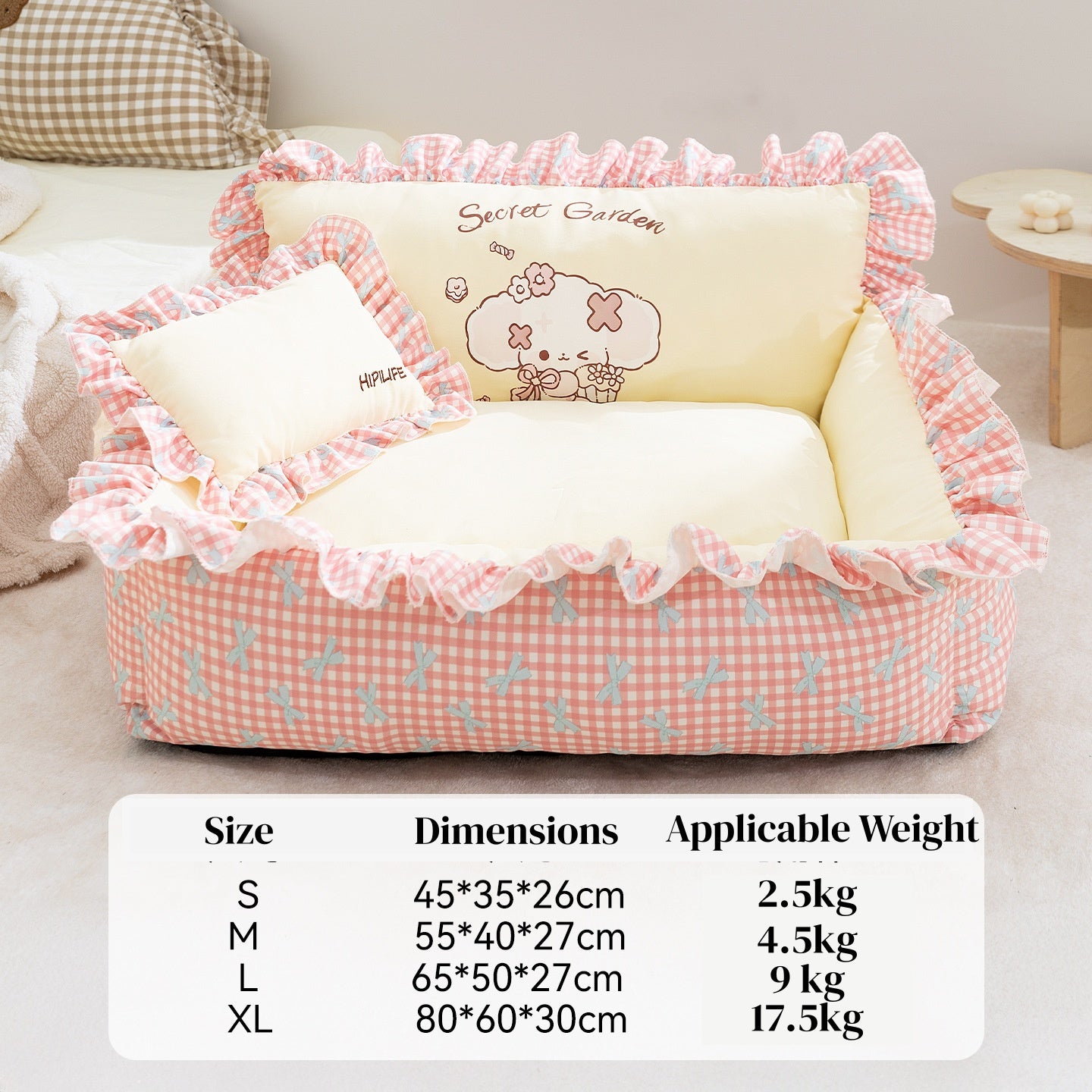 Pet Couch Bed - Removable Washable Cover, Pillow Included, Cute Lounge for Cats & Dogs with Floral Print & Ruffle Details