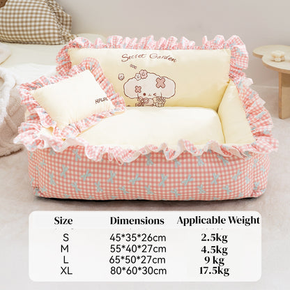 Pet Couch Bed - Removable Washable Cover, Pillow Included, Cute Lounge for Cats & Dogs with Floral Print & Ruffle Details