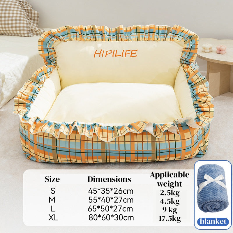 Pet Couch Bed - Removable Washable Cover, Pillow Included, Cute Lounge for Cats & Dogs with Floral Print & Ruffle Details