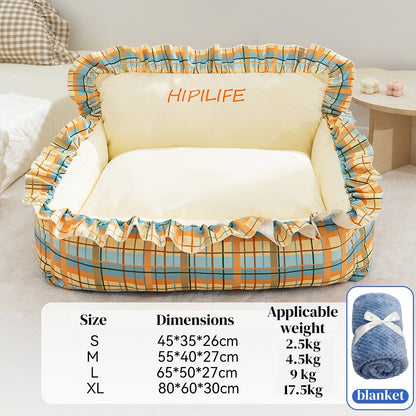 Pet Couch Bed - Removable Washable Cover, Pillow Included, Cute Lounge for Cats & Dogs with Floral Print & Ruffle Details