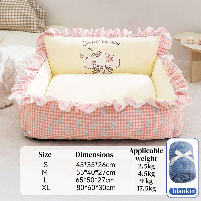 Pet Couch Bed - Removable Washable Cover, Pillow Included, Cute Lounge for Cats & Dogs with Floral Print & Ruffle Details