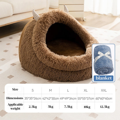 Cozy Pet Nest - Warm Semienclosed Plush Bed, S/M/L/XL/XXL with Detachable Mat for Cats & Dogs