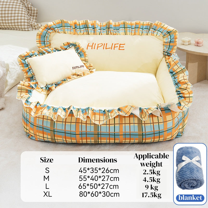 Pet Couch Bed - Removable Washable Cover, Pillow Included, Cute Lounge for Cats & Dogs with Floral Print & Ruffle Details