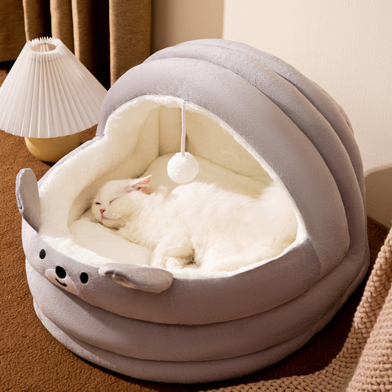 Cozy Pet Nest - Warm Semienclosed Plush Bed, S/M/L/XL/XXL with Detachable Mat for Cats & Dogs