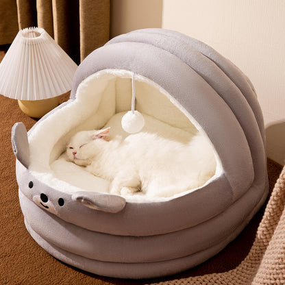 Cozy Pet Nest - Warm Semienclosed Plush Bed, S/M/L/XL/XXL with Detachable Mat for Cats & Dogs