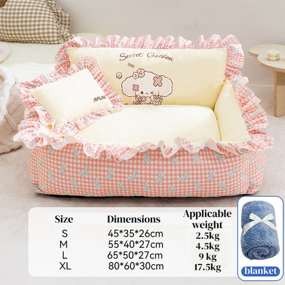 Pet Couch Bed - Removable Washable Cover, Pillow Included, Cute Lounge for Cats & Dogs with Floral Print & Ruffle Details