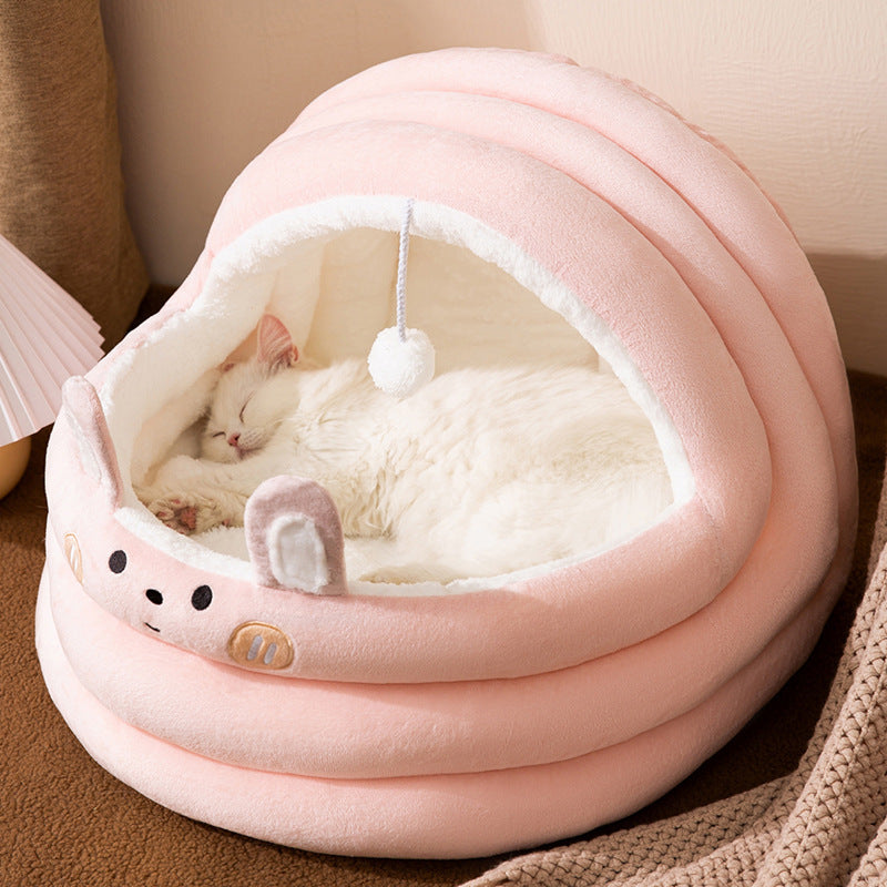 Cozy Pet Nest - Warm Semienclosed Plush Bed, S/M/L/XL/XXL with Detachable Mat for Cats & Dogs