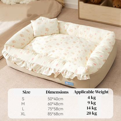 Pet Couch Bed - Removable Washable Cover, Pillow Included, Cute Lounge for Cats & Dogs with Floral Print & Ruffle Details