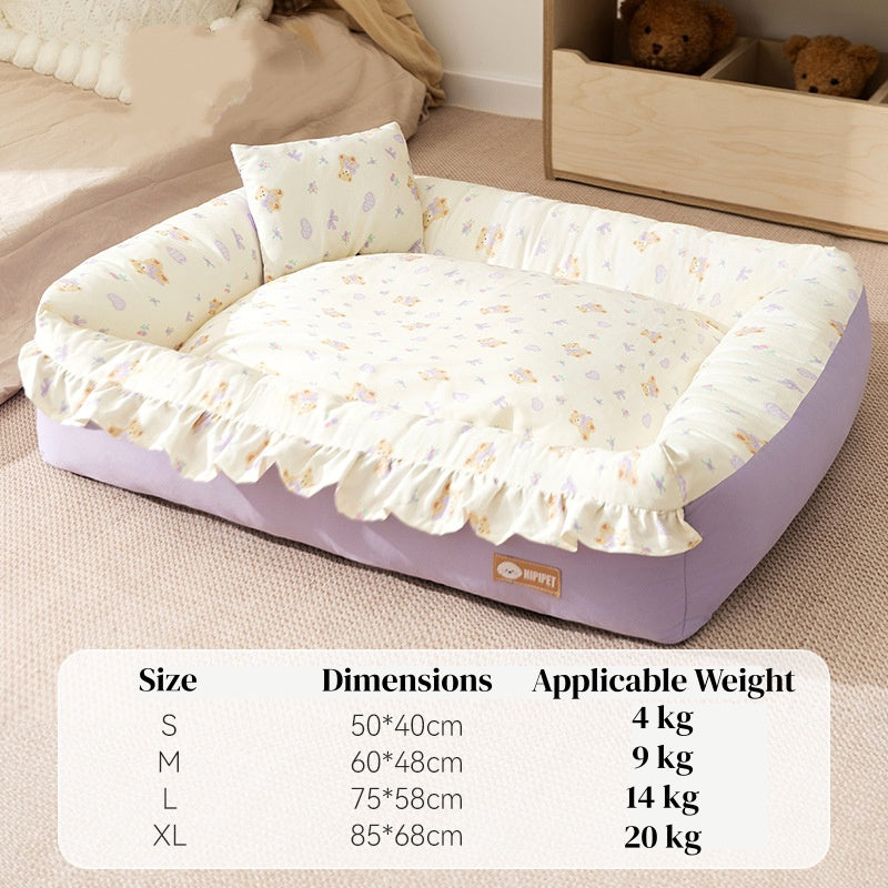 Pet Couch Bed - Removable Washable Cover, Pillow Included, Cute Lounge for Cats & Dogs with Floral Print & Ruffle Details