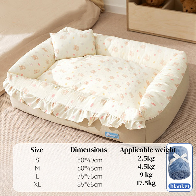 Pet Couch Bed - Removable Washable Cover, Pillow Included, Cute Lounge for Cats & Dogs with Floral Print & Ruffle Details