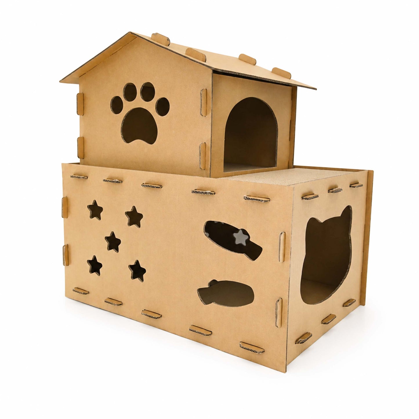 Miaow & Meow | Two-Story Cardboard Cat House, Large Double Room Cat Villa | Corrugated Cat Scratcher House | Play & Rest Integrated Cat Hideaway Cave for Indoor Cats