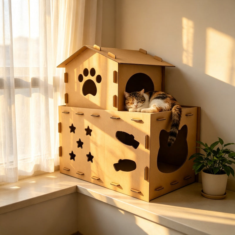 Miaow & Meow | Two-Story Cardboard Cat House, Large Double Room Cat Villa | Corrugated Cat Scratcher House | Play & Rest Integrated Cat Hideaway Cave for Indoor Cats
