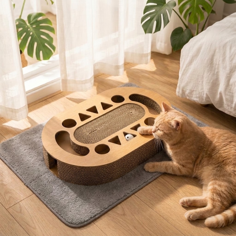 Miaow & Meow | Interactive Cat Scratcher Cardboard with Ball Track | 2-in-1 Oval Corrugated Cat Toy for Indoor Cats
