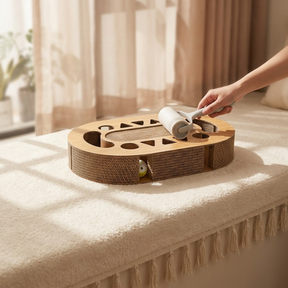 Miaow & Meow | Interactive Cat Scratcher Cardboard with Ball Track | 2-in-1 Oval Corrugated Cat Toy for Indoor Cats