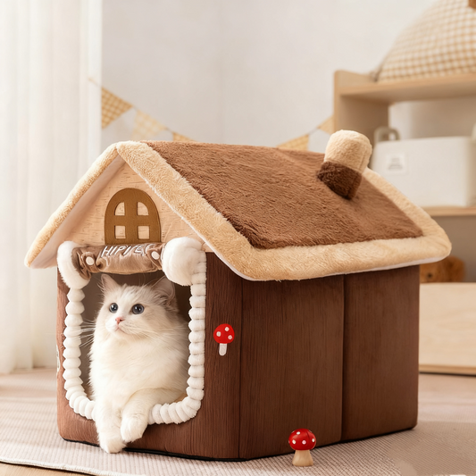 Winter Warm Cat House - Enclosed with Door Curtain, Cozy Pet House for Indoor Cats Small Dogs