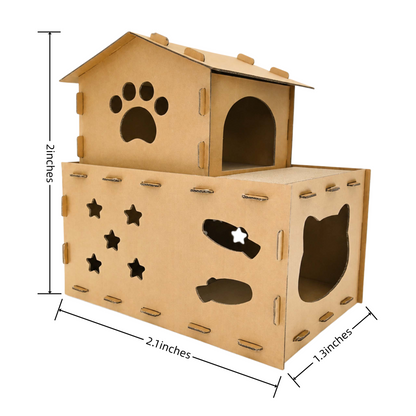 Miaow & Meow | Two-Story Cardboard Cat House, Large Double Room Cat Villa | Corrugated Cat Scratcher House | Play & Rest Integrated Cat Hideaway Cave for Indoor Cats