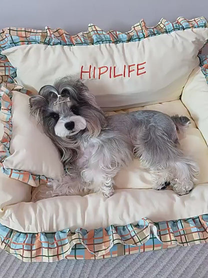 Pet Couch Bed - Removable Washable Cover, Pillow Included, Cute Lounge for Cats & Dogs with Floral Print & Ruffle Details